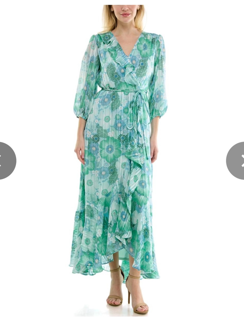 Maison Tara Green Floral High-Low Wrap Dress